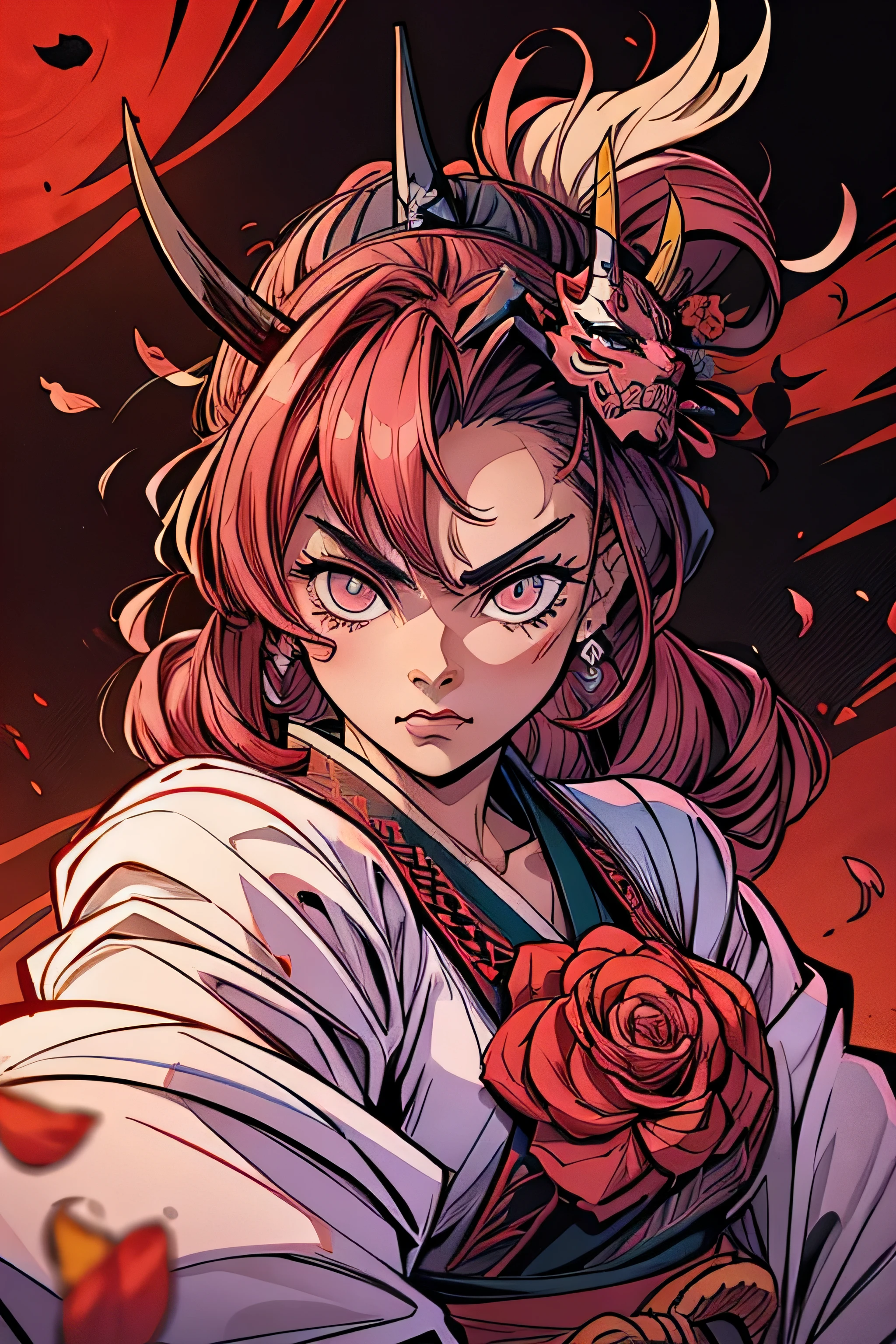 mulher samurai, cabelo loiro com mechas rosas, FACE DA FÚRIA, olhando diretamente para a câmera, paleta de cores rosa, flores cerejeira, pétalas de cereja, com máscara de samurai.