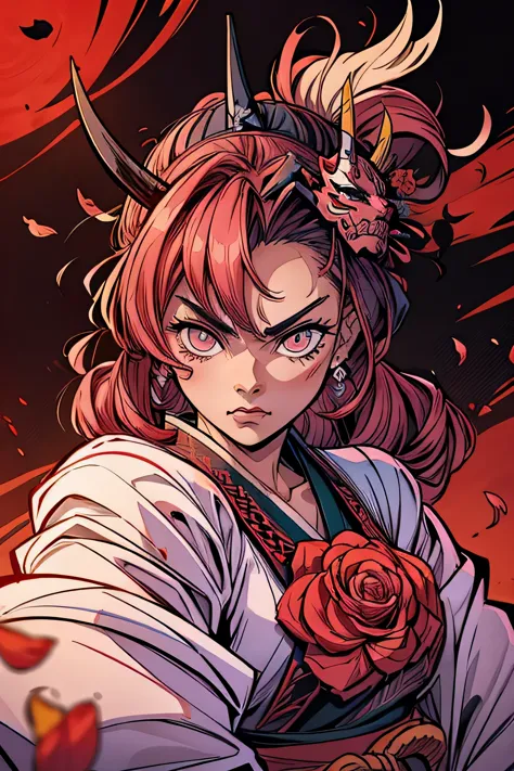 mulher samurai, cabelo loiro com mechas rosas, face of fury, looking directly at the camera, paleta de cores rosa, flores cereje...