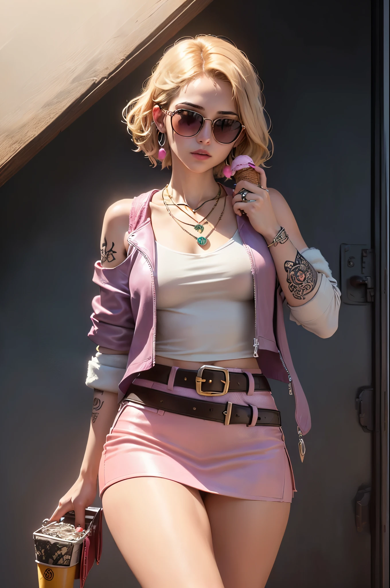 The best possible quality, Ultra 8K resolution, impressive illustration, the best of everything, award-winning, How to be the best, ((short blonde hair, shaved on the side with a black tattoo, leather belt with buckle, an ice cream in hand, Model pose, Add effect at the end, pink leather jacket, long neck scarf, sunglasses, long painted nails, decorative accessories, hoops, rings, necklace:1.6)), (modern light pink short skirt: 1.6 ), ((pink, brown, white colors: 1.5)), epic desert setting: 1.5, photorealistic: 1.4, skin texture: 1.4, super masterpiece, super detailed, hyper detailed, 32k