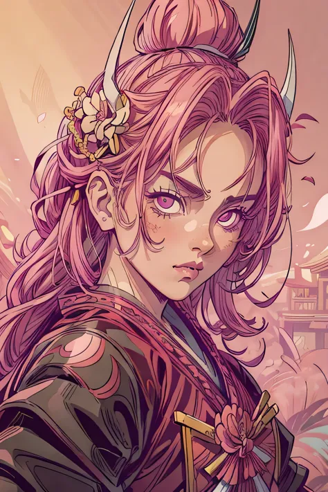 mulher samurai, cabelo loiro, mechas rosas no cabelo, face of fury, looking directly at the camera, paleta de cores rosa, flores...