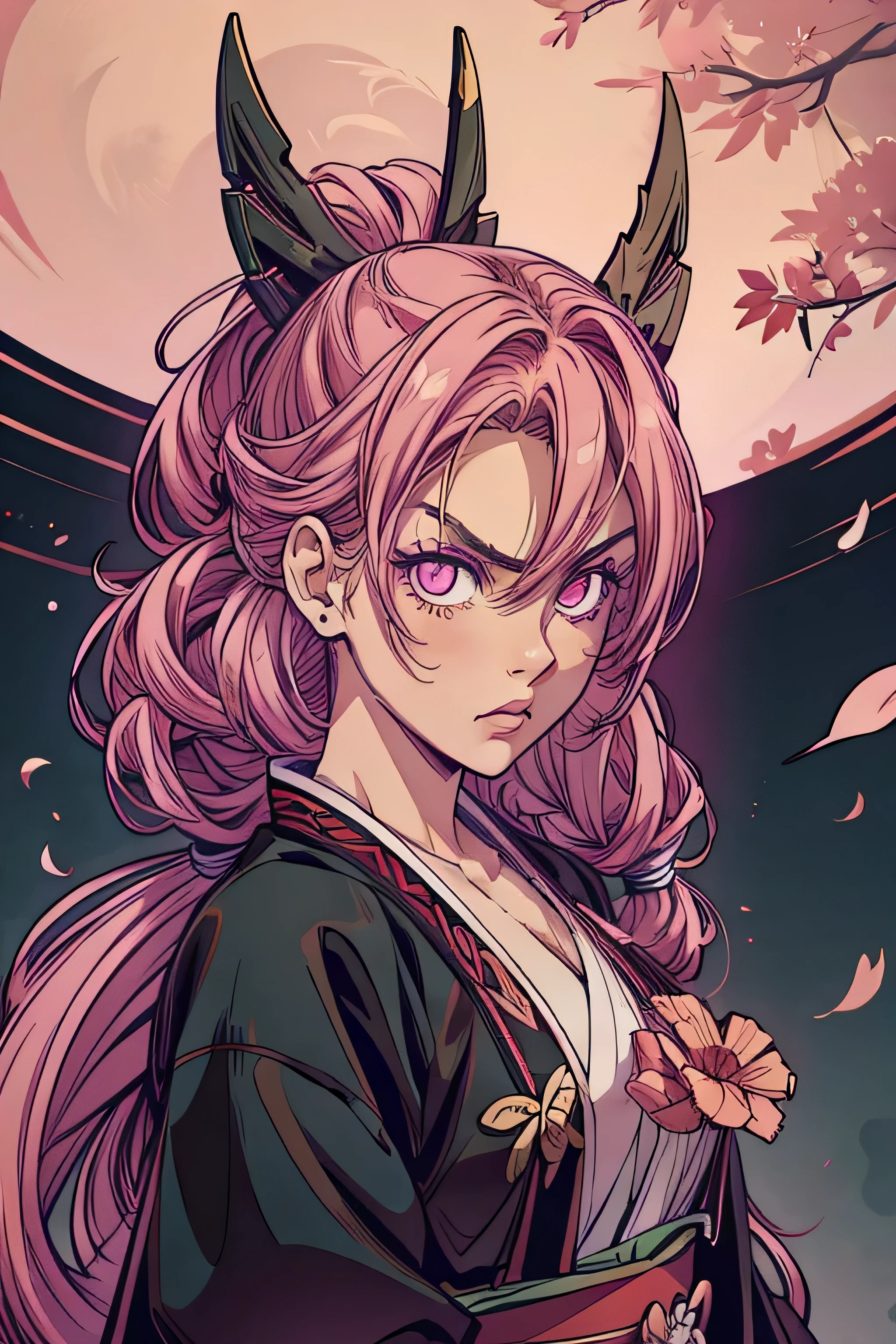 mulher samurai, cabelo loiro, mechas rosas no cabelo, angry expression, look of hatred, looking directly at the camera, paleta de cores rosa, flores cerejeira, cherry petals, with samurai mask, rosa pink, .
