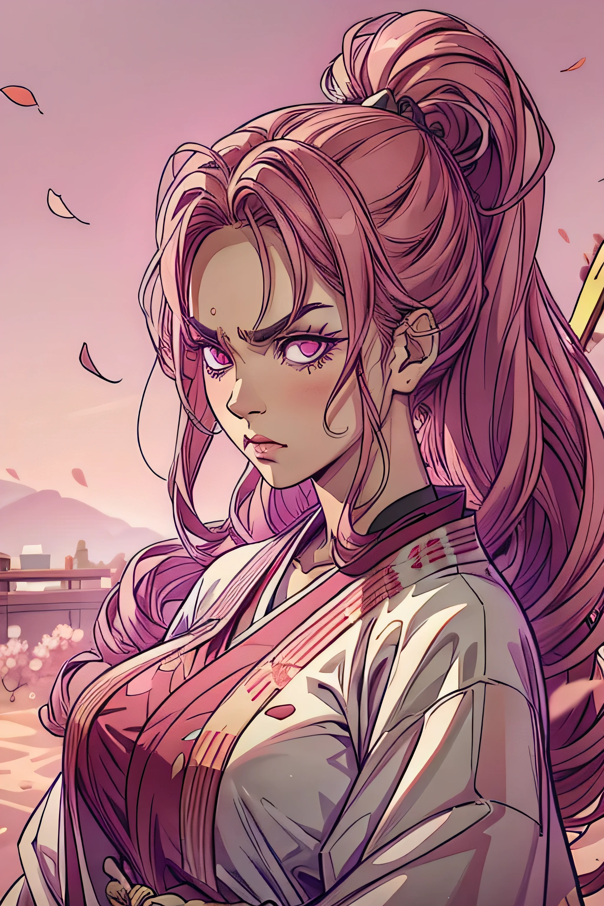 mulher samurai, cabelo loiro, mechas rosas no cabelo, angry expression, look of hatred, looking directly at the camera, paleta de cores rosa, flores cerejeira, cherry petals, with samurai mask, rosa pink, .
