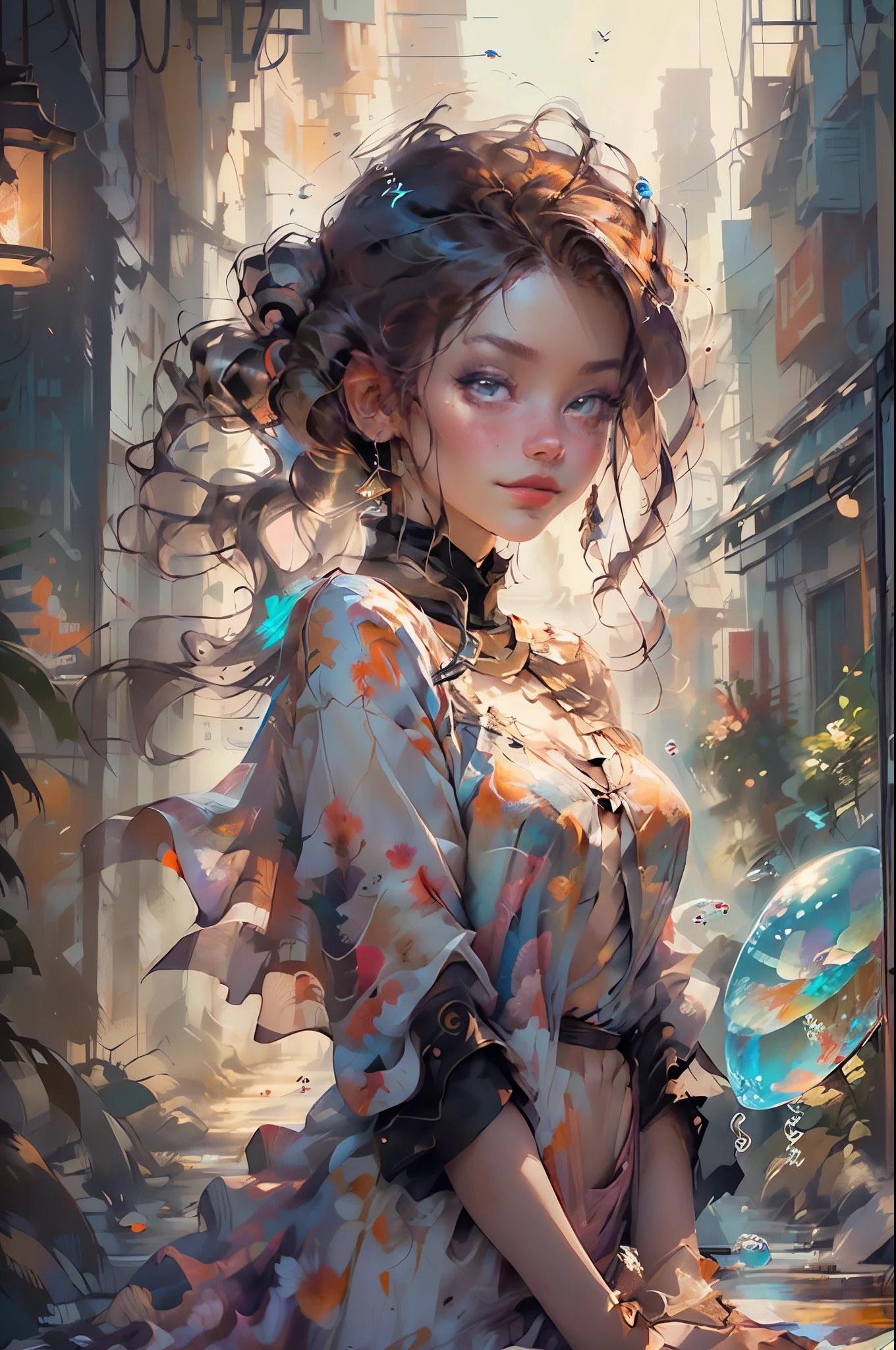 (cropped profile photo), ((1 beautiful young woman inside a soap bubble: 1.5)), sitting on a pink pillow, ((flying through a beautiful and magical fairy tale city: 1.4)), (hyper detailed : 1.3), ((clothing delicate dress with floral ornaments: 1.4)), ((sunset background below a beautiful fairy tale landscape: 1.3)), ((imaginative scene)), ((Perfect faces and bodies, meticulously detailed: 1.3)), ((long shot: 1.4)),((Best Quality)), ((Masterpiece)), 3D, (((sunset:1.2))), (photorealistic:1.4), ((frontal camera)), (smiling happily, with hands resting inside the soap bubble, surprised by the beautiful fairy city:1.4), ((film lighting: 1.2)), 32k.