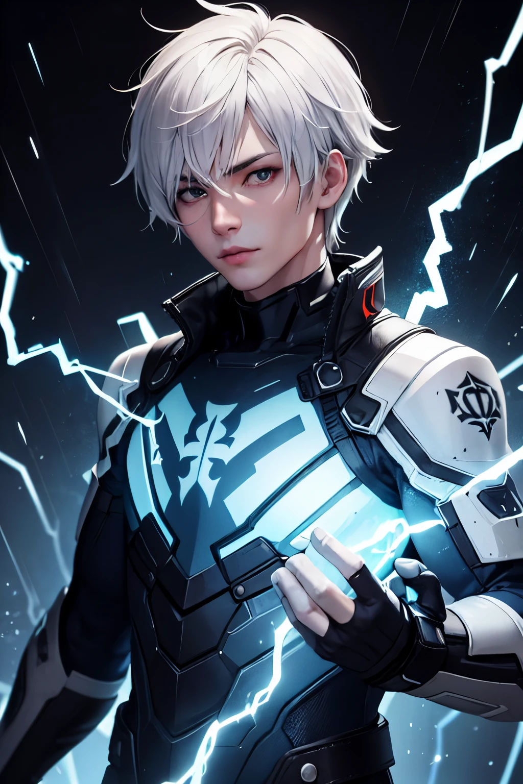 masterpiece,best quality,ultra-detailed,1boy,blue lighting,blue electricity,wrapped in electricity all over the body,black_background,rain,white hair,white