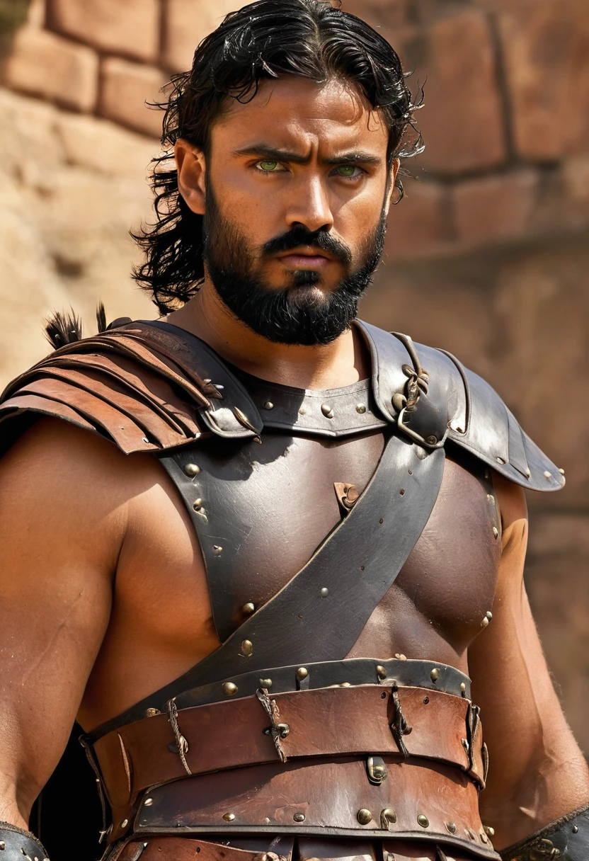 masterpiece, high quality, best quality, beautiful, hd, realistic, perfect lighting, detailed face, detailed body, 1 man, solo, black hair, green eyes, long black beard, brown and worn leather clothing gladiator style: 1.4), leather breastplate, 1 wooden spear in hands, war battle background, gladiator style, muscular men, robust, angry look,  