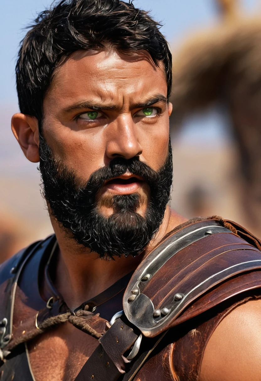 masterpiece, high quality, best quality, beautiful, hd, realistic, perfect lighting, detailed face, detailed body, 1 man, solo, black hair, green eyes, long black beard, brown and worn leather clothing gladiator style: 1.4), leather breastplate, 1 wooden spear in hands, war battle background, gladiator style, muscular men, robust, angry look,  