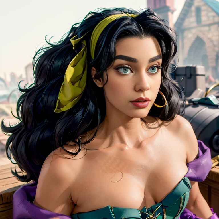 Esmeralda, hairband, bare shoulders, dress, corset, purple skirt, jewelry, insanely detailed and intricate, High quality, high coherence, anatomically correct, green eyes, looking at the camera, hypermaximalist, sensual, beautiful, super detailed  