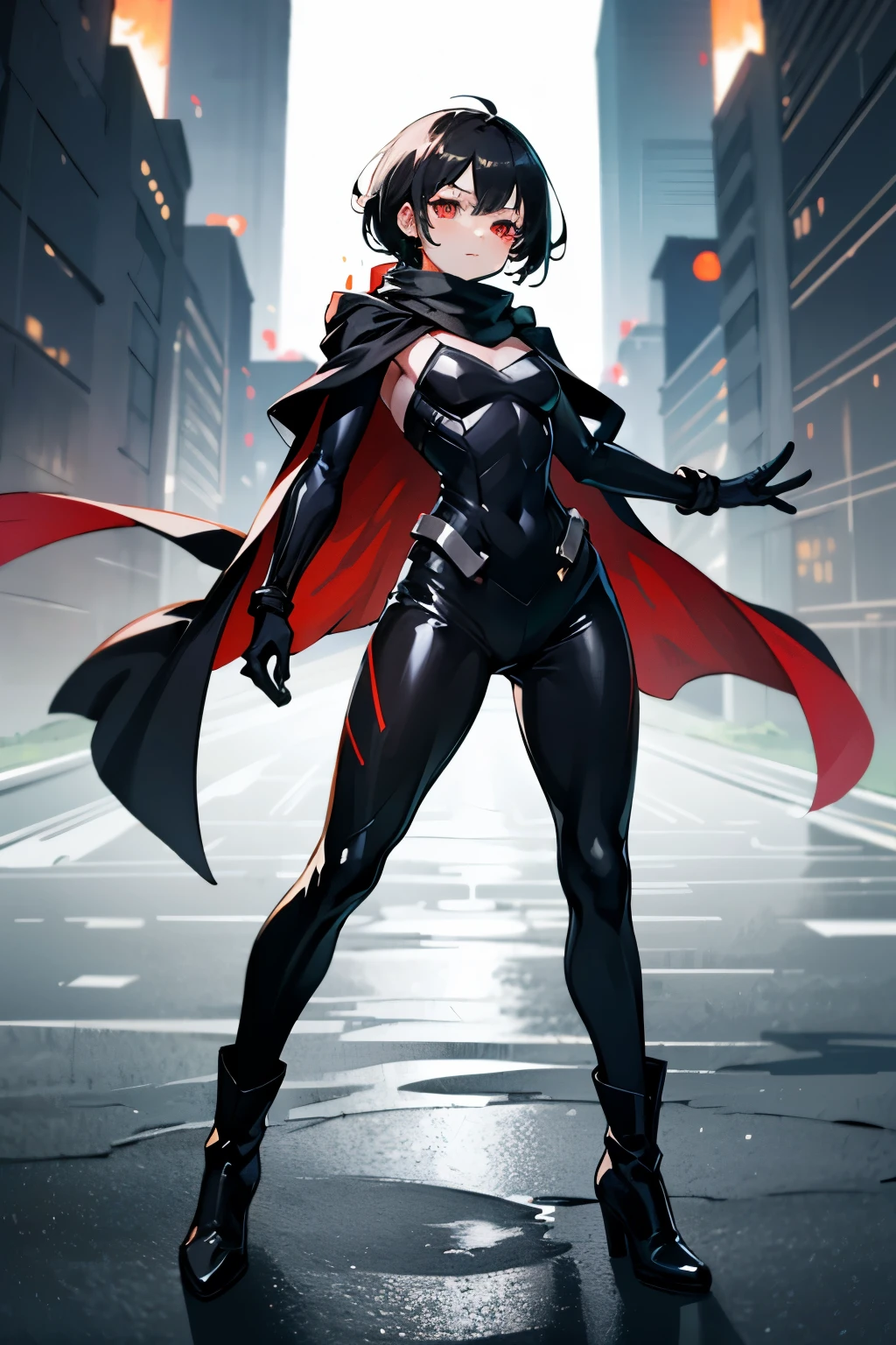 superhero girl, red eyes, short black hair, cute face, black scarf, black hero suit, black long boots, black gloves, red magic power in hands, full body photo:1.5,