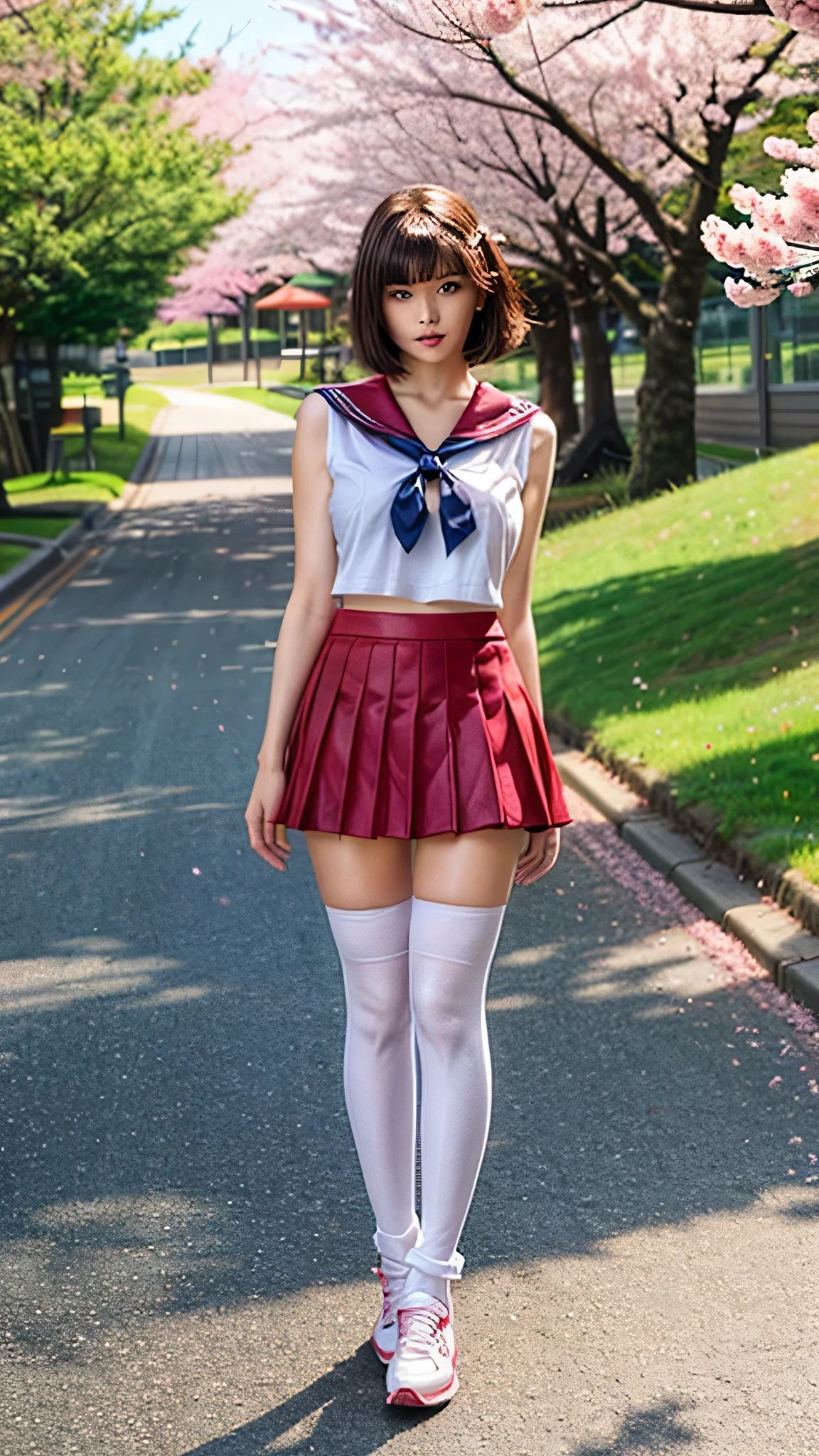 one pretty girl, solo, supermodel, pale skin, short wavy hair, blunt bangs, make up, parted lips, big , sailor uniform, looking at viewer, a blooming cherry blossom grove, with delicate pink petals floating in the breeze, soft lighting, film grain,  epiCPhoto, standing beside road, full body view,  sneaker, thigh high sock, mini skirt, 