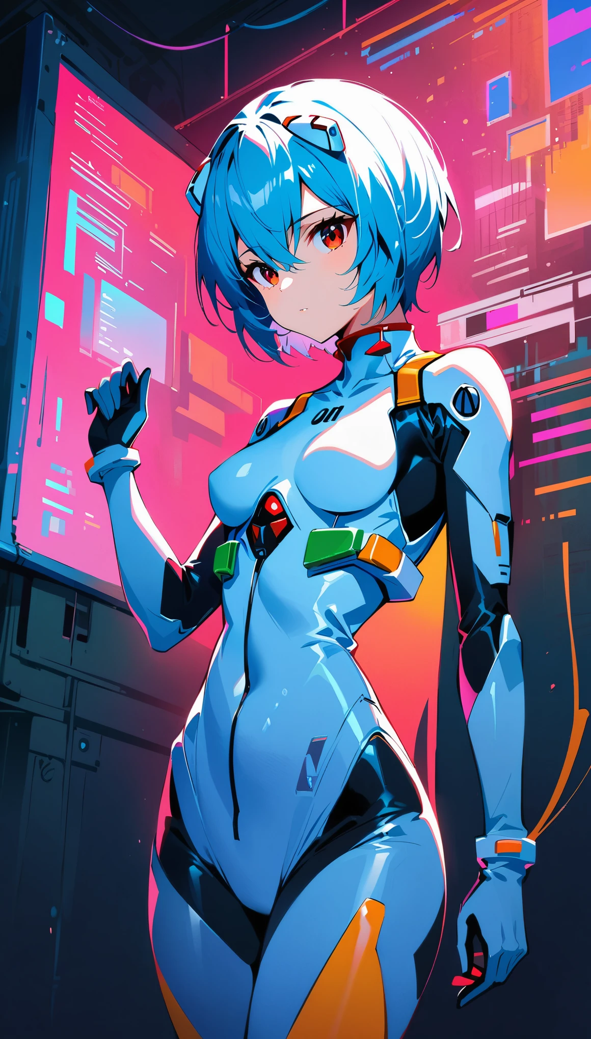 (best quality:1.2),1girl,solo,Ayanami Rei,red eyes,pilot suit,short hair,blue hair,bangs,interface headset,turtleneck,hair between eyes,pixelated background,neon lights,sci-fi color scheme,vivid colors,metallic texture,detailed shading,holographic interface,dark atmosphere,high contrast,sharp focus,wisps of hair,reflective surface,exquisite details,high-res,studio lighting,red accents,illuminated surroundings,artificial intelligence assistant, (NSFW), ((cowboy shot)).