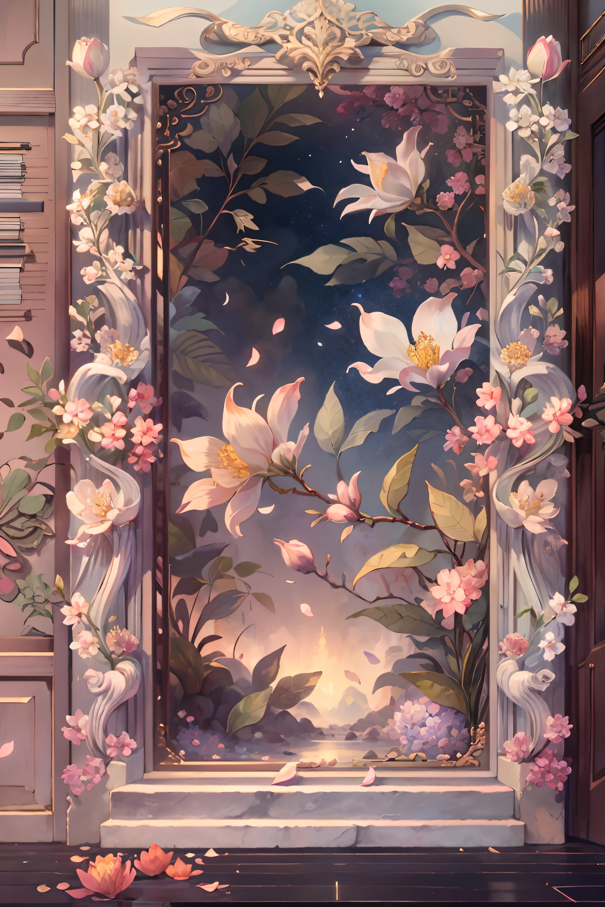 The original，（Enlightenment：1.1），（best quality），（masterpiece：1.1），（Extremely detailed CG Unity 8K wallpapers），（a color：1.2），Jasmine，Jasmine花瓣，landscape，Rios|purely，