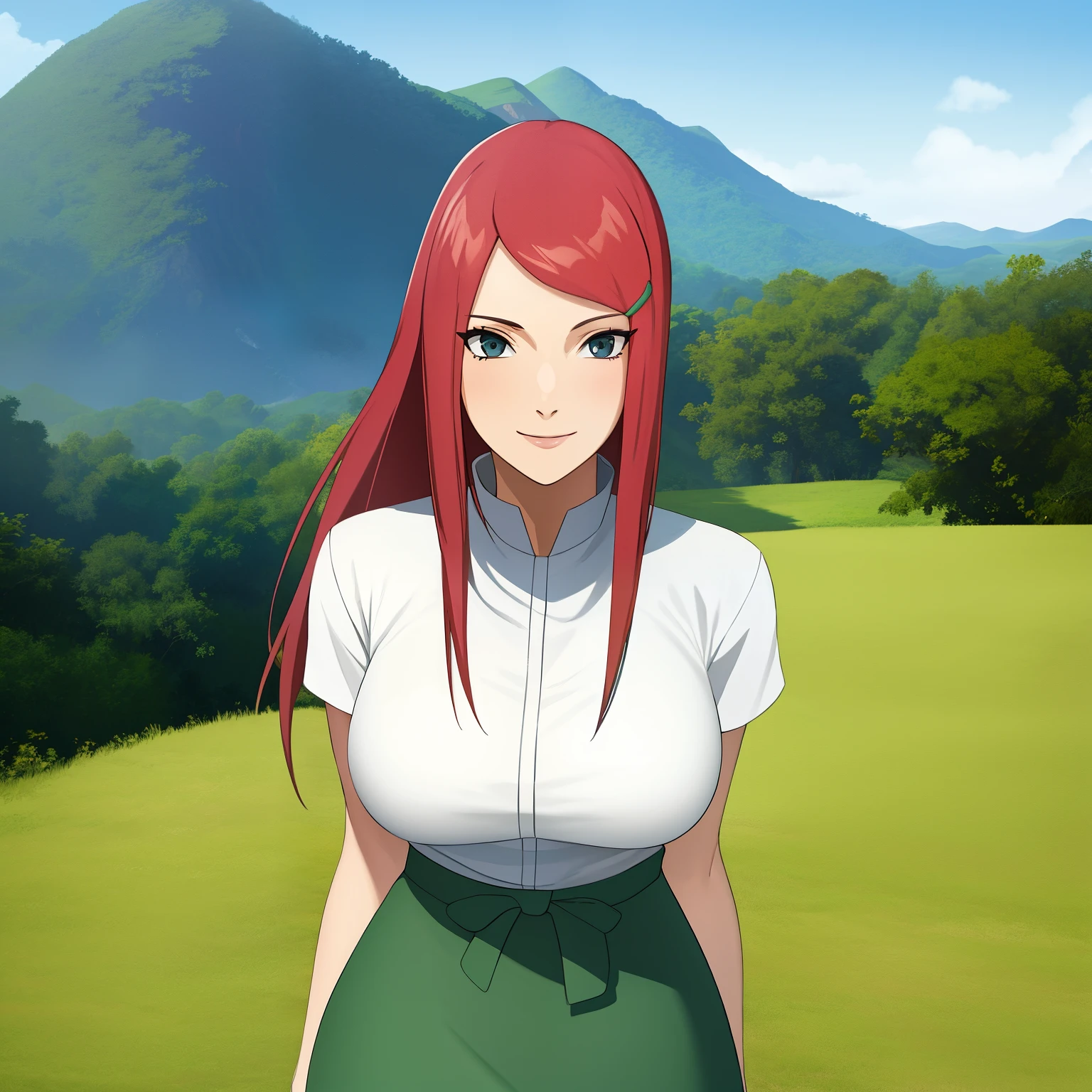 Rolar_kushina, problema_seios, permanente, sozinho, kushina_verde_saia, obra de arte, melhor qualidade, rosto detalhado, Olhos delicados, Alta resolução, sorriso, ghibli, paisagem, fundo, (obra de arte:1.4, melhor qualidade:1.2), (olhos lindos, cara bonita), (Alta resolução), (descrição detalhada), super detalhado, Olhando para a plateia, Konohagakure, Rolar_kushina, kushina_verde_saia,