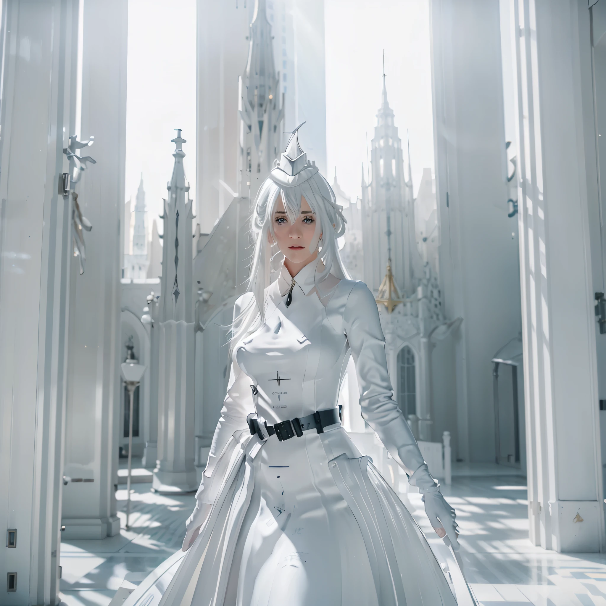 A woman with white clothes, silver hair, silver eyes, outside a white castle with golden details, well-lit place, light effect, white towers, white pillars, very detailed, masterpiece, high quality, ultra resolution, 4k hd
