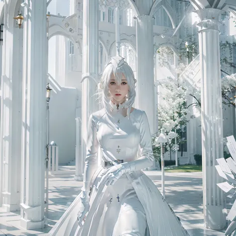 a woman with white clothes, silver hair, silver eyes, outside a white castle with golden details, well-lit place, light effect, ...