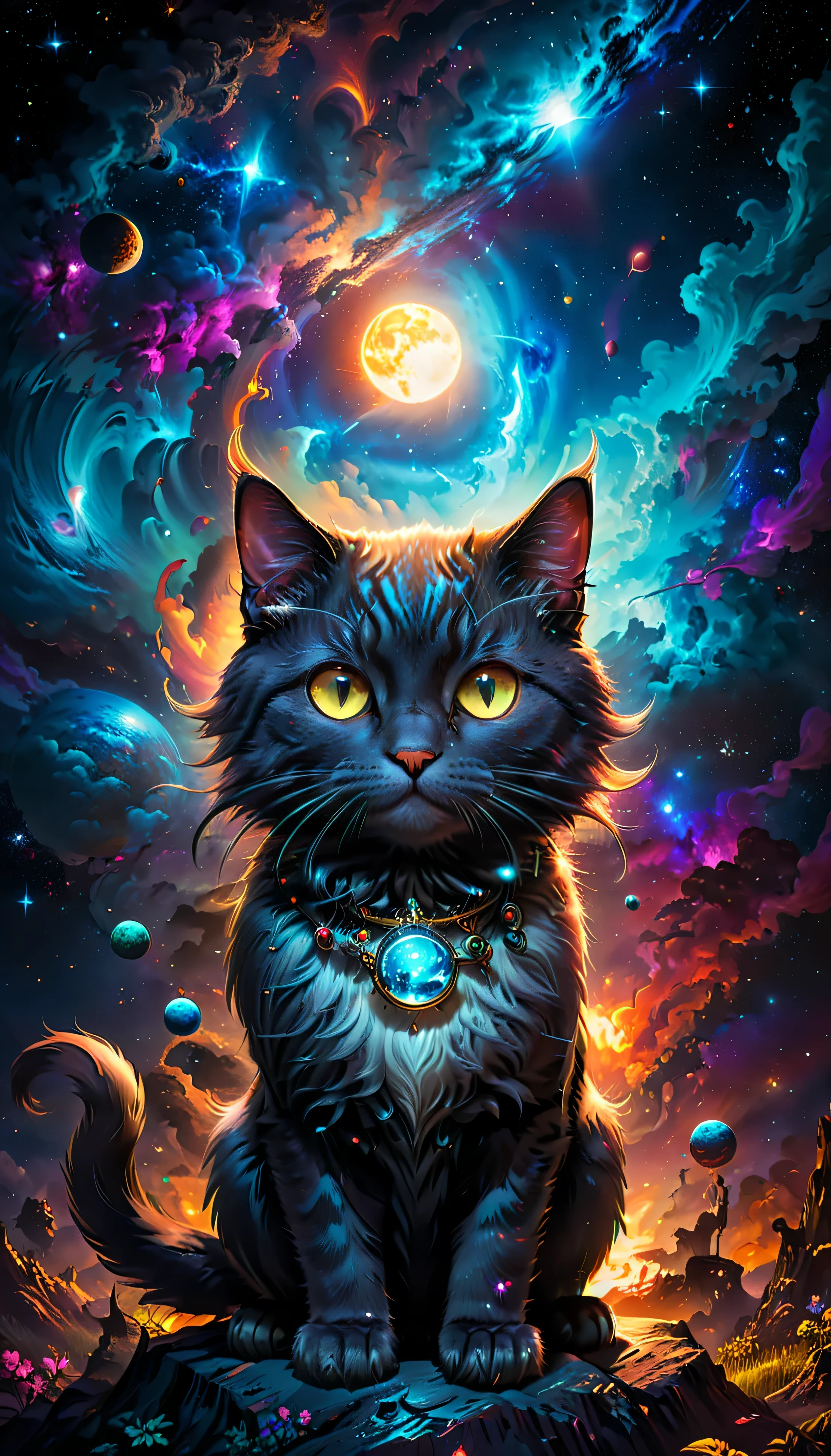 A black cat sitting on top of a rock under a full moon - SeaArt AI