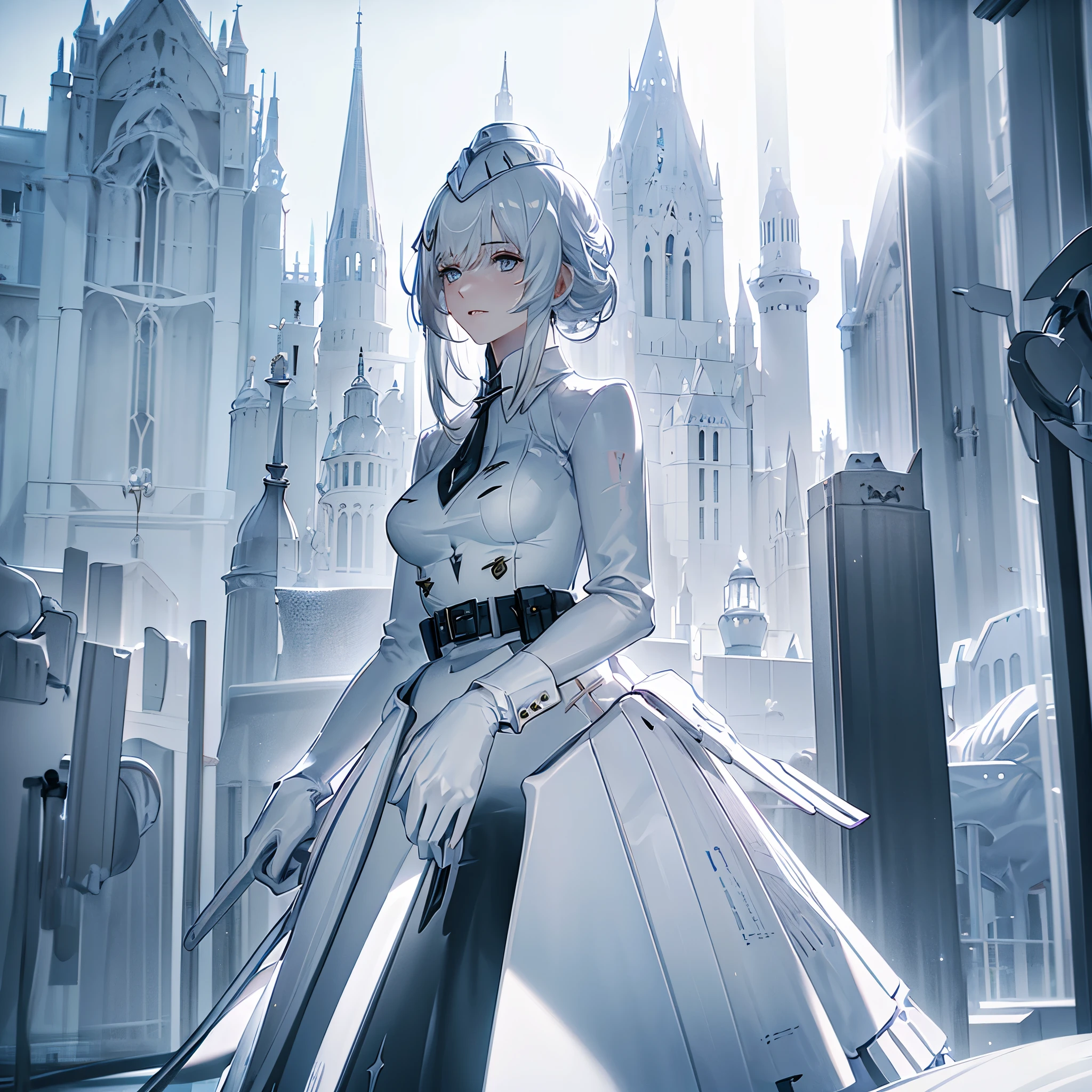 A woman with white clothes, silver hair, silver eyes, outside a white castle with golden details, well-lit place, light effect, white towers, white pillars, very detailed, masterpiece, high quality, ultra resolution, 4k hd
