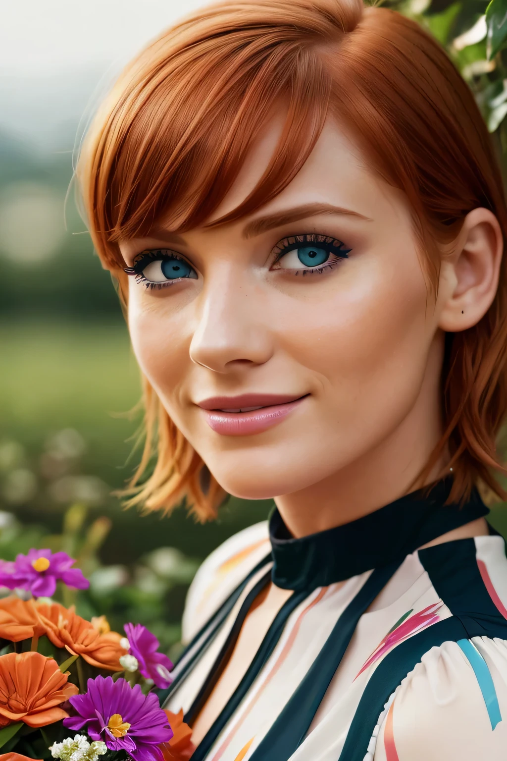 Masterpiece, (Bryce Dallas Howard: 0.5), short hair, vivid orange hair, shy, cute, playful smile, high detail face, high detail skin, red dress, (high detail eyes:1.3), (small breasts:1.2), (strong athletic body), garden wiith colorful flowers background, (UHD, 8K wallpaper, High resolution), Cinematic lighting, award-winning, extremely white detailed skin, extra detailed face, high detail eyes, photo-realistic, Zeiss 85 mm F/1.4, by Ellen von Unwerth
