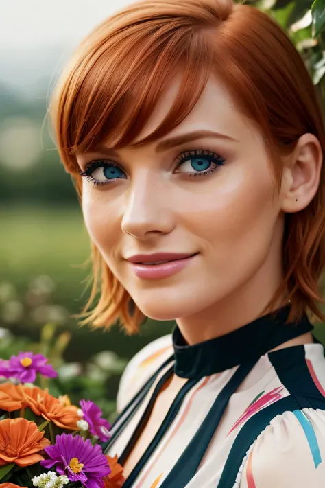 masterpiece, (bryce dallas howard: 0.5), short hair, vivid orange hair, shy, cute, playful smile, high detail face, high detail ...