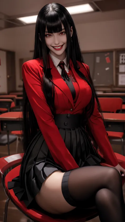 Jabami Yumeko, Kakegurui, masterpiece, best quality, highres, hmjy1, long hair, blunt bangs, , red jacket, black pantyhose, whit...