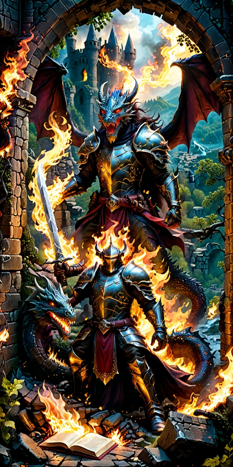 diy8，A warrior battling a fire-breathing dragon in the ruins of a city, dragon‘s claws gleaming in the flames, the warrior wielding a cursed sword blocking the dragon fire with one hand, holding a hero shield with another, dark forest and an underground river in the background, the entrance of a dungeon and a magic circle twinkling in the light visible in the distance, castle ruins inflamed by dragon fire as the battle goes on, evil wizard watching over all from his laboratory, holding a magic book, victory in the duel depending not only on strength but also on wisdom and strategy, masterpiece, 4k quality, high detail, vivid color, gothic style, best contrast, depth of field, dynamic action, detailed environment.
