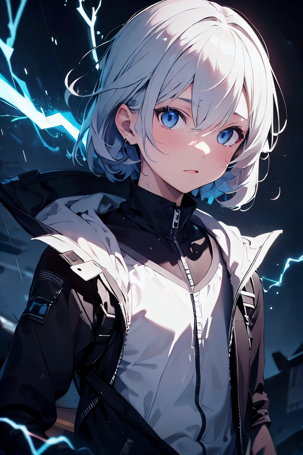 masterpiece,best quality,ultra-detailed,1boy,blue lighting,blue electricity,wrapped in electricity all over the body,black_background,rain,white hair,white