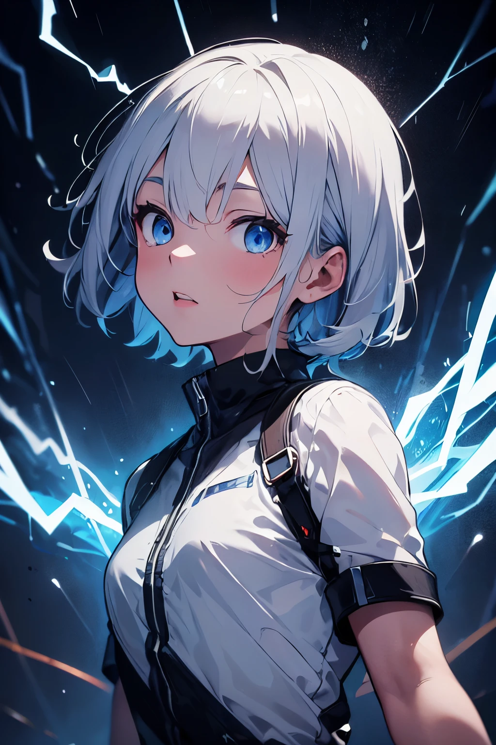 masterpiece,best quality,ultra-detailed,1boy,blue lighting,blue electricity,wrapped in electricity all over the body,black_background,rain,white hair,white