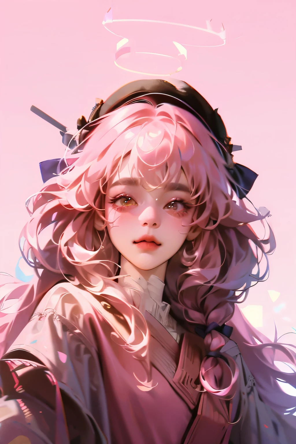 fake animal ears, light smile, ear blush, fang, pink hair, bangs, curly hair, side braid, halo, beret, animal ears, cat ears, Surrealism, drop shadow, anaglyph, stereogram, tachi-e, pov, atmospheric perspective, 8k, super detail, ccurate, best quality