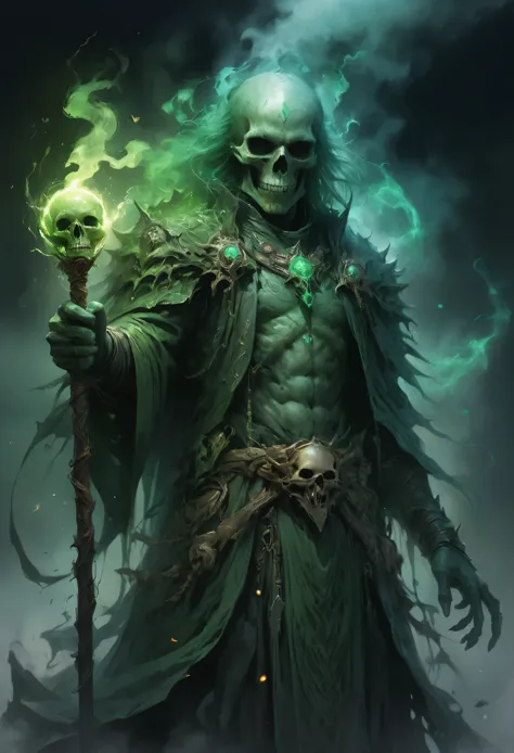 dungeon and dragons art, fantasy art, fantasy illustration, Powerful and terrifying lich, Necromancer, green skull, holding the ...