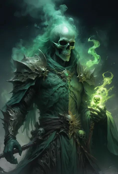dungeon and dragons art, fantasy art, fantasy illustration, Powerful and terrifying lich, Necromancer, green skull, holding the staff of power, smoke, Necromantic Aura, hover, perfect anatomy, nearly perfect, Dynamic, Very detailed, Smooth, sharp focus, Ar...
