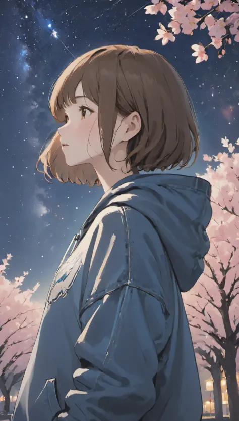 upper body from the knee up、one girl，brown hair、short bob、simple hoodie，three-quarter length denim,one cherry tree,　look up at t...