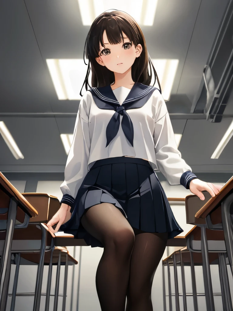 masterpiece, highest quality, super detailed, figure of a beautiful girl from Hong Kong, colorful  with pleated mini skirt and serafuku, brunette hair in loose waves, looking directly at the audience with expressive eyes, sitting on a classroom chair, lens glow creating soft, atmospheric light, delicate skin texture with fine pores, fabric texture of the uniform and pantyhose appearing realistic, depth of colors adding to the vibrant bounds written.