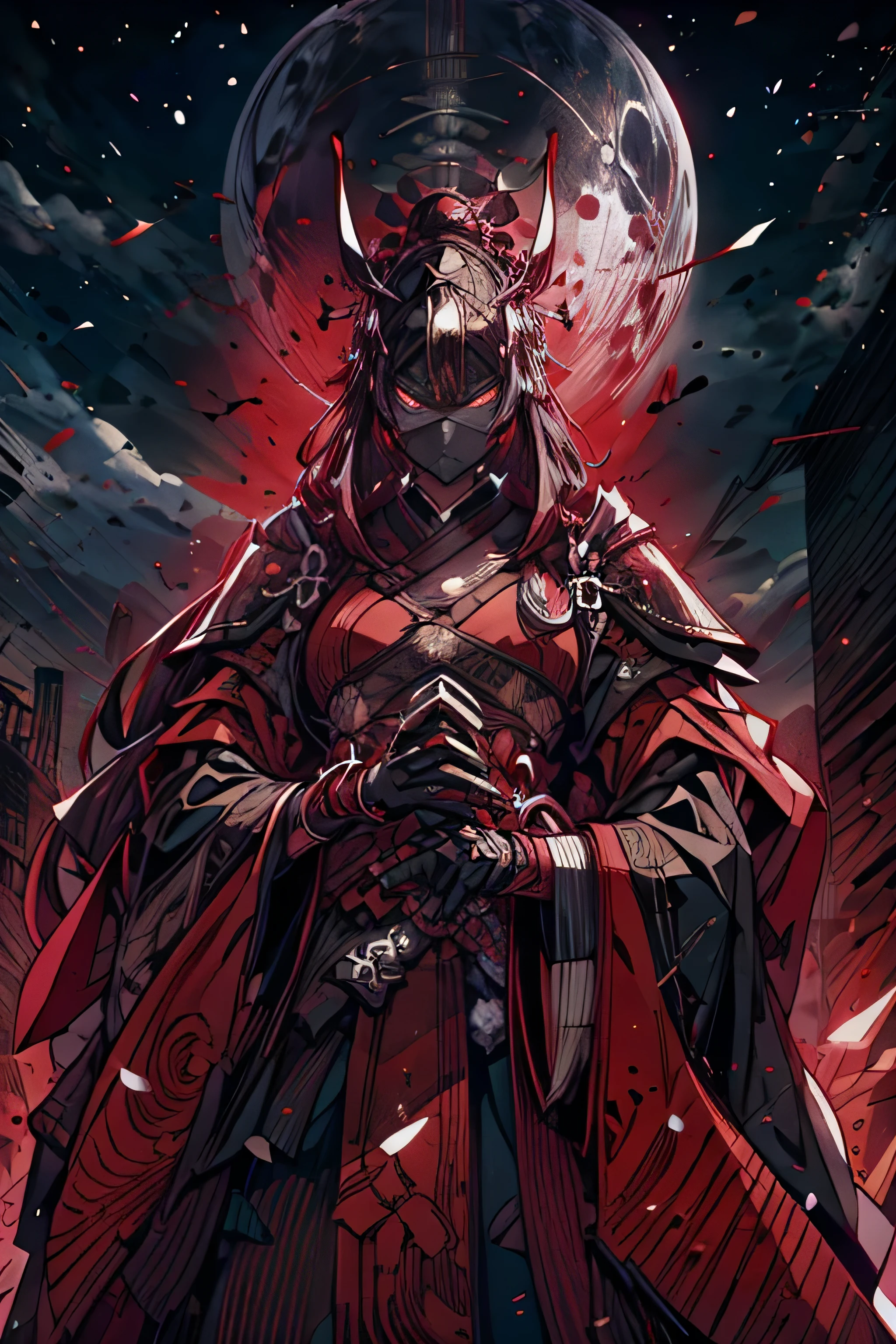 (um poderoso guerreiro samurai:1.1, atmosfera intensa, capacete blindado preto, dark samurai mask covering the face, estilo mortal kombat, manoplas pretas, Armadura de perna preta, Olhos vermelhos brilhantes, esclera dos olhos preta, imposing presence, era feudal nobre, Samurai warrior from the Sengoku period, Formidable figure, pronto para a batalha, Destemido:1.1), olhos com escleras pretas estilo tokyo ghoul, red pupils, dark collors.