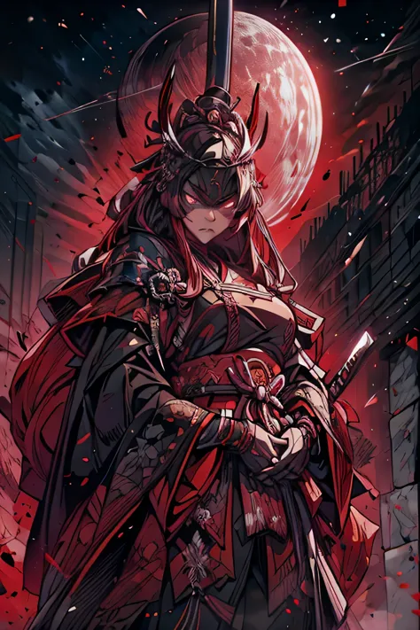 (um poderoso guerreiro samurai:1.1, atmosfera intensa, capacete blindado preto, dark samurai mask covering the face, estilo mort...
