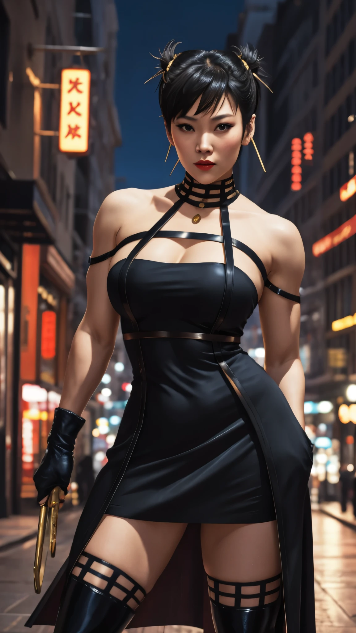 Chun Li, Mujer hermosa, sexy woman, pecho perfecto, ((medio cuerpo)), (mirando al espectador:1.1), calle de noche, por conor harrington, vestido negro, muslos negros, guantes negros