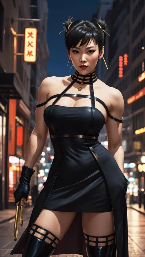 Chun Li, beautiful woman, sexy woman, perfect breast, ((half body)), (looking at viewer:1.1), night street, by Conor Harrington,...