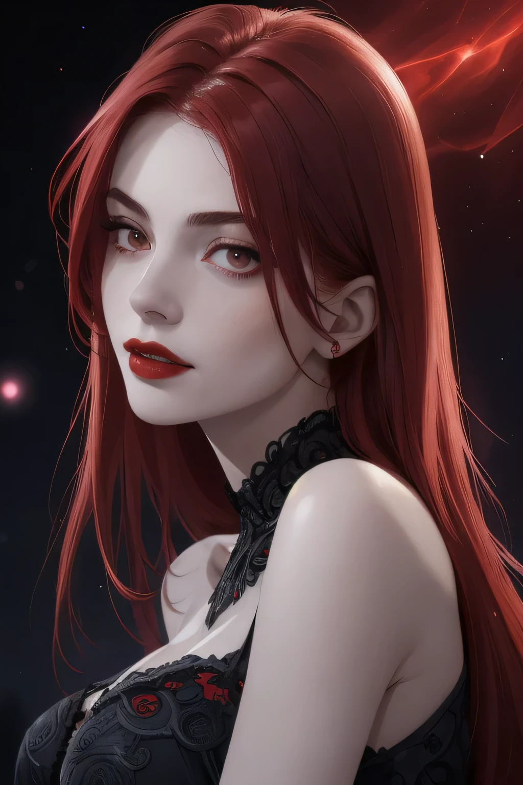 (portrait shot, ((vivid red hair)), mature woman, 30 years old, diamond face, moonlight, red starry sky background, depth of field, magic, big red lips, ((dark black eyes)) black and red long and full dress, covered chest, mystical atmosphere, ominous shadows, Intense blue aura, Intense red aura (best quality:1.2), absurdres, intricate details, (highly detailed skin:1.2), smile expression, posing, taut and well defined body, attractive. Highly realistic, pale skin, beautiful, hyperrealism, skin very elaborated, direct gaze
