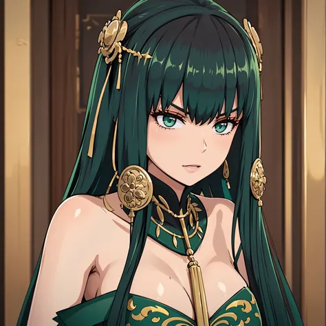 a woman with a dark green dress, dark green hair, green eyes, with gold details on her clothes, gold jewelry in her hair, in a c...