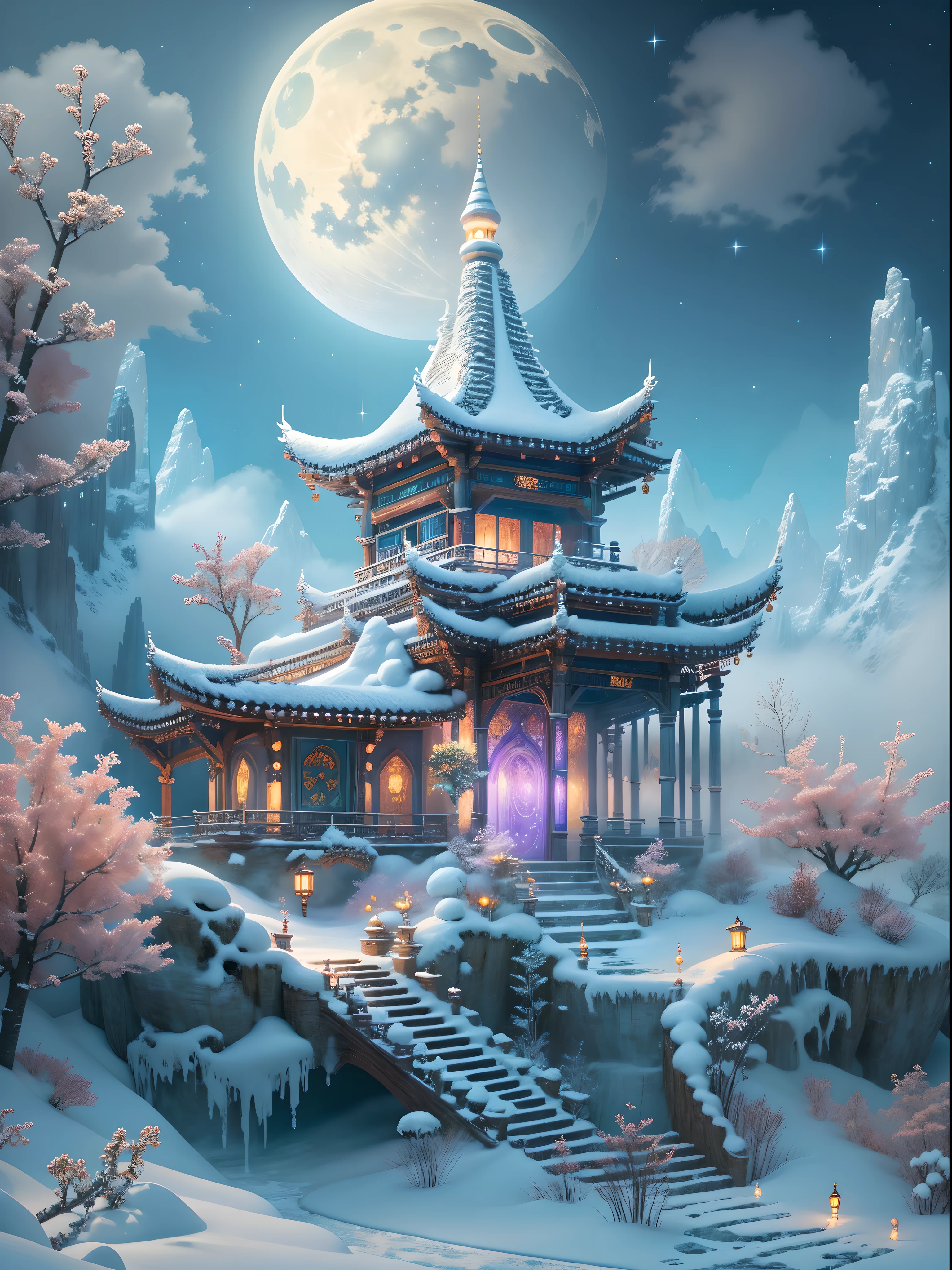 (masterpiece),（Super detailed：1.3），best quality，(Glittering: 1.2), (Fantasy and mythical winter wonderland: 1.4), ((fresh, chill, Mountain, white mist, , Vast, bamboo forest, frost flower, diamond, breeze, Bamboo leaves, sounds of nature, lake, Ancient, pavilion, sacred, peaceful, peaceful, otherworldly, fair, peaceful, secluded, treasure, nature, magic, creativity)), illustration style, and decoration, Dreamy winter wonderland, Lovely design style, night, snowfield, full moon, bright colors, ((whimsical、Enchanting fantasy)), surreal portrait, (Fantasy themed winter), (Whimsical wonderland), (rich and colorful, misty landscape), (enchanting , magical creatures), (a vibrant, Palace shrouded in mist), (Baiyun Road), (rich, fantastic colors), (twinkling stars) Elevated, (fourth dimensional dream), (enchanting and enchanting atmosphere), (playful composition), (Vivid lighting effects), 1.4x more realism, ultra high definition, displayed in this fair scene, （Very detailed，Reasonable design，clear lines，high definition，masterpiece，official art，movie lighting effects，8k)