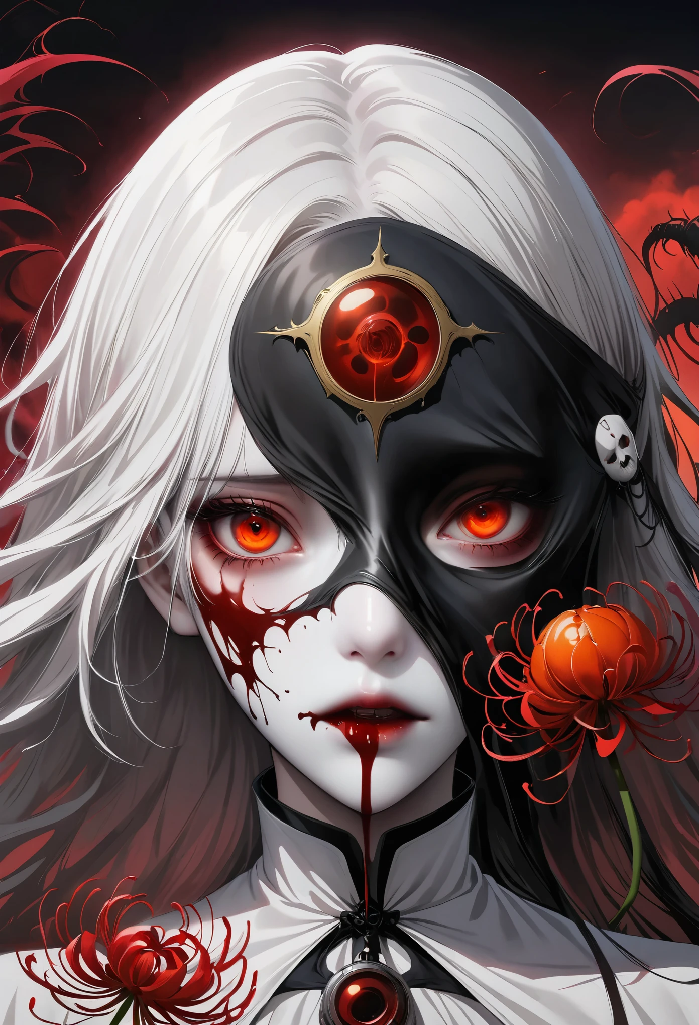 Close-up of big demonic eyes, compound eye, Unique Demonic Ghoul, unusual student,Kaneki, monochrome, radioactive light, anime 2018::1,  tangerine::1, neon color::1,, part 1.5, Detailed face, super quality, hypergraphics,  开flower1.0, 吸Blood鬼, depressed, Surreal, anime reality,anime girl, dark gothic style, high dynamic range, RTX, body torn apart , Detailed face,soft light, Shen Haicheng,number,looking up at camera",  8K, dreamy big eyes,vague, smooth and soft skin, clone face, Symmetrical,Neon liquid, 从in eyes漏出来,animation art,photo, cracked face  , ......key: tangerine, in eyes, actual, actual light, actual anime, Realistic shadows, liquid, Depressive, cloud, 樱flower, lily , delicate eyes, eyes focus, eyelash, 蓬松的下eyelash:1.5, pale face, Very tangerine eyes, eerie atmosphere, scary pictures, trees, mist, Neon tangerine liquid, flowing down from the tree, dark atmosphere, body torn apart, braid, rain, 地上有Blood, fire, Eye close-up,better generation, super generation, 3000 generations, 2048×2048......, facial details, Detail clothes, Symmetrical balance, tokyo ghoul, , Castlevania, 吸Blood鬼, Kaneki, Anime 2020, water and sky, black hair,Detailed hair, tokyo ghoul, , Castlevania, Kaneki, 吸Blood鬼, depressive art, depressed, Burnout, sad, cry, pain, black smoke, black energy, tentacle, Divine sound, Blood, 脸上有Blood, 一片Blood海, shackles, barbed wire, fire, wide angle camera, Many exquisite details, lily, 樱flower, Sweet, Centipede, black background, Horror film, There are holes in the shell, die inside, art of death, lying on the grass, comic style, comic style, multiple frames, body destroyed, comic page, Eyes are everywhere, There are many eyes in the background, Ishida Sui&#39;s paintings, The Art of Ishida Sui, Ishidaho&#39;s style, Two people, fully grown, Depressive posture, flower