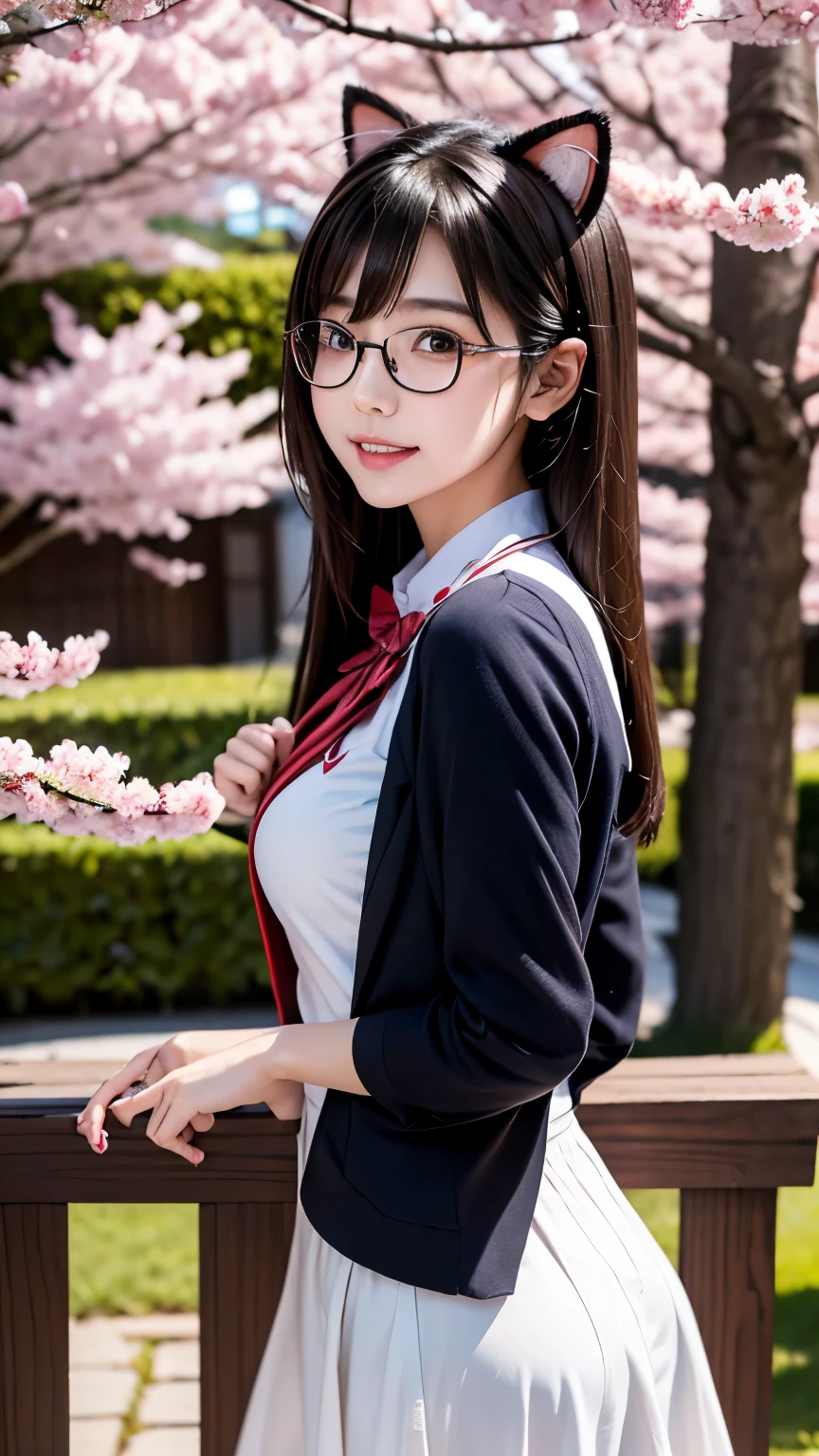 beautiful girl，real，8k，Kemo ears，Cat ear，glasses，uniform，cherry blossoms，Turn around，long hair