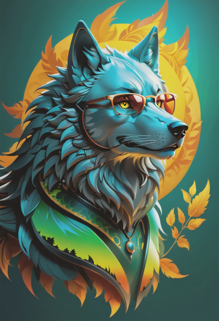 Art Vectores, Iconos, graphics, ((obra maestra:1.4)). (lobo, con gafas de sol:1.4) ,colores anaranjados, amarillos verdes:1.4,((Escena imaginativa)), 8k