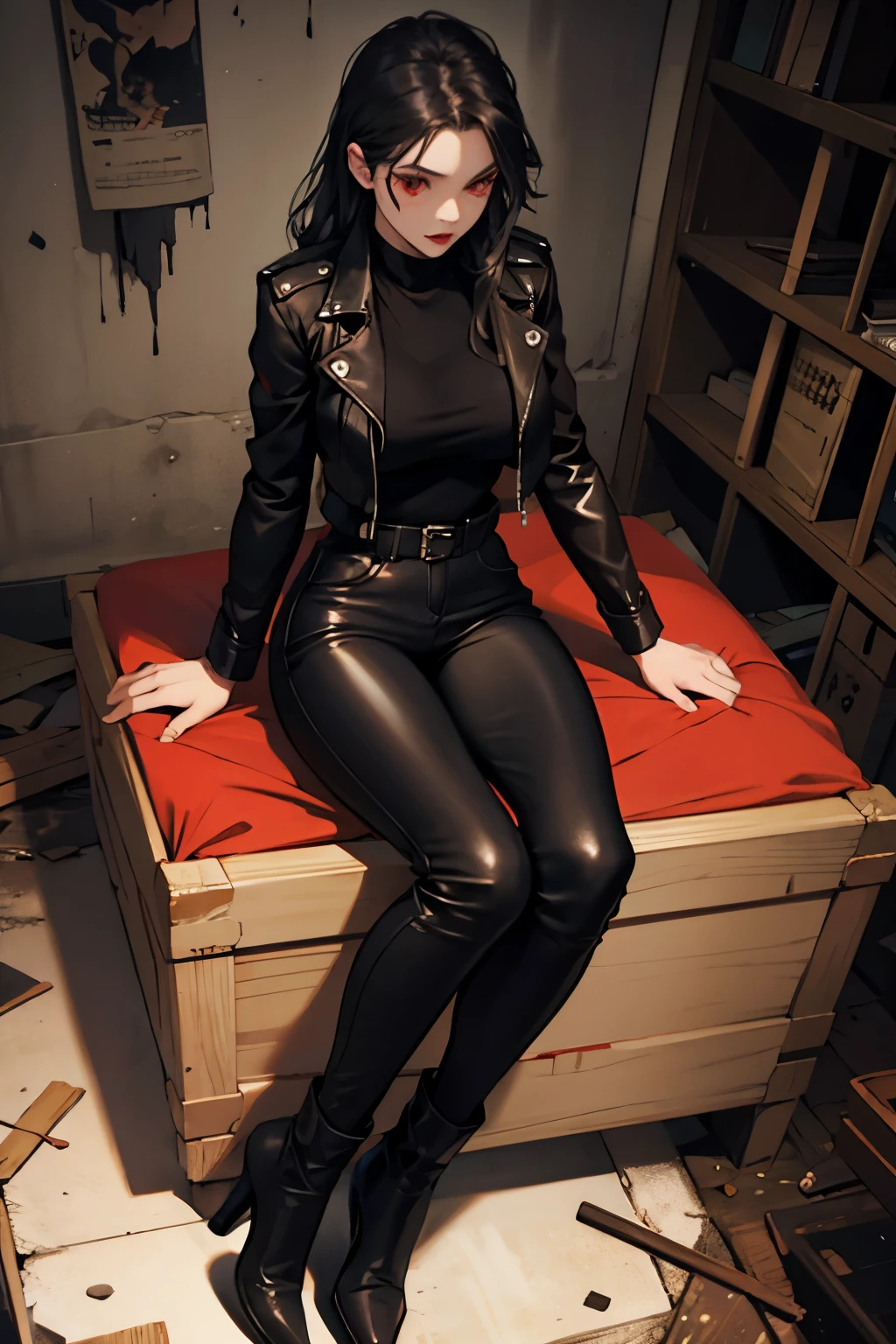 1 vampire girl, long, wavy black hair, red eyes, thin red lips, round face, huge breasts, wearing a dark leather jacket, dark leather tight pants, buccaneer style boots, sitting on top of a coffin in the basement of a abandoned house