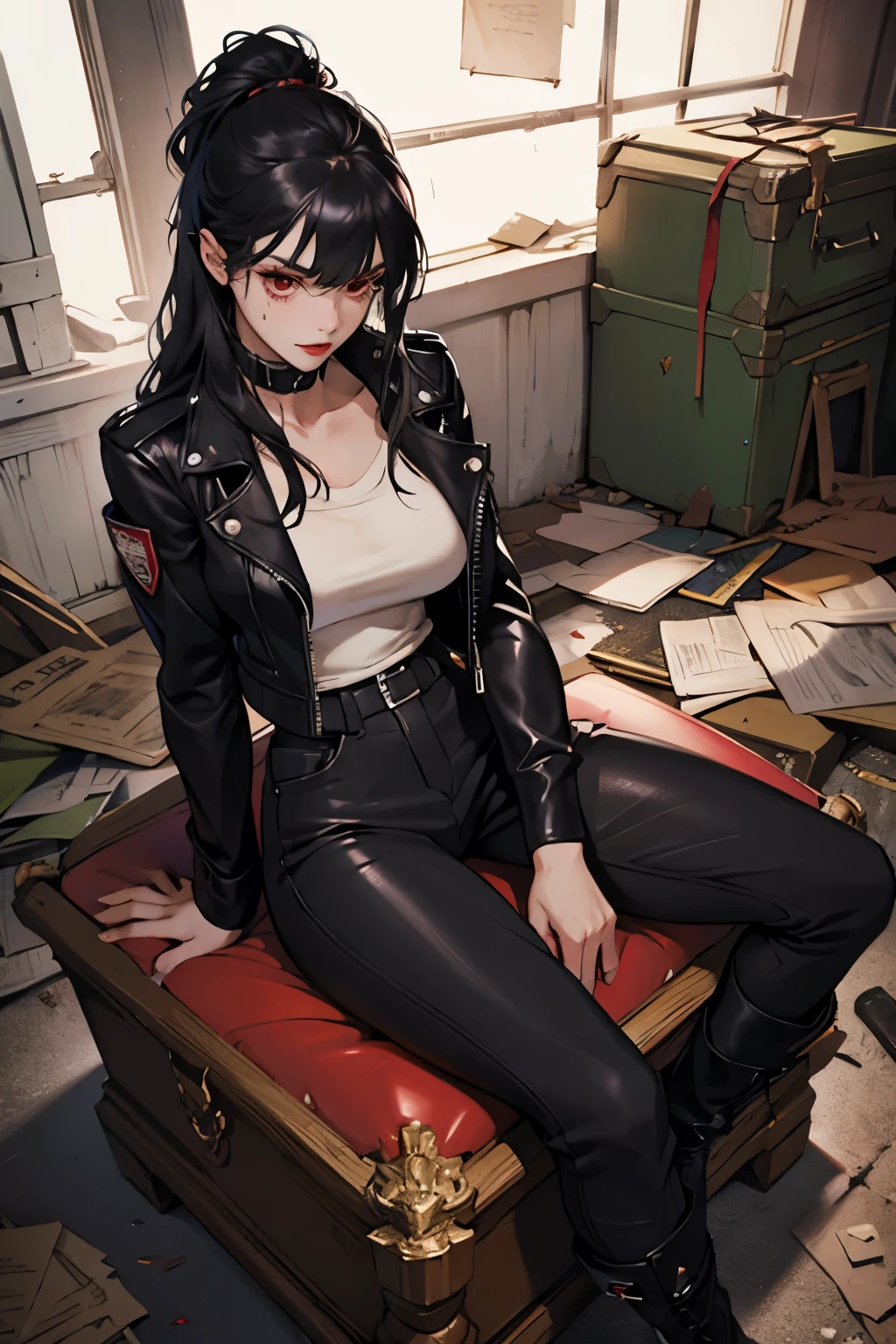 1 vampire girl, long, wavy black hair, red eyes, thin red lips, round face, huge breasts, wearing a dark leather jacket, dark leather tight pants, buccaneer style boots, sitting on top of a coffin in the basement of a abandoned house