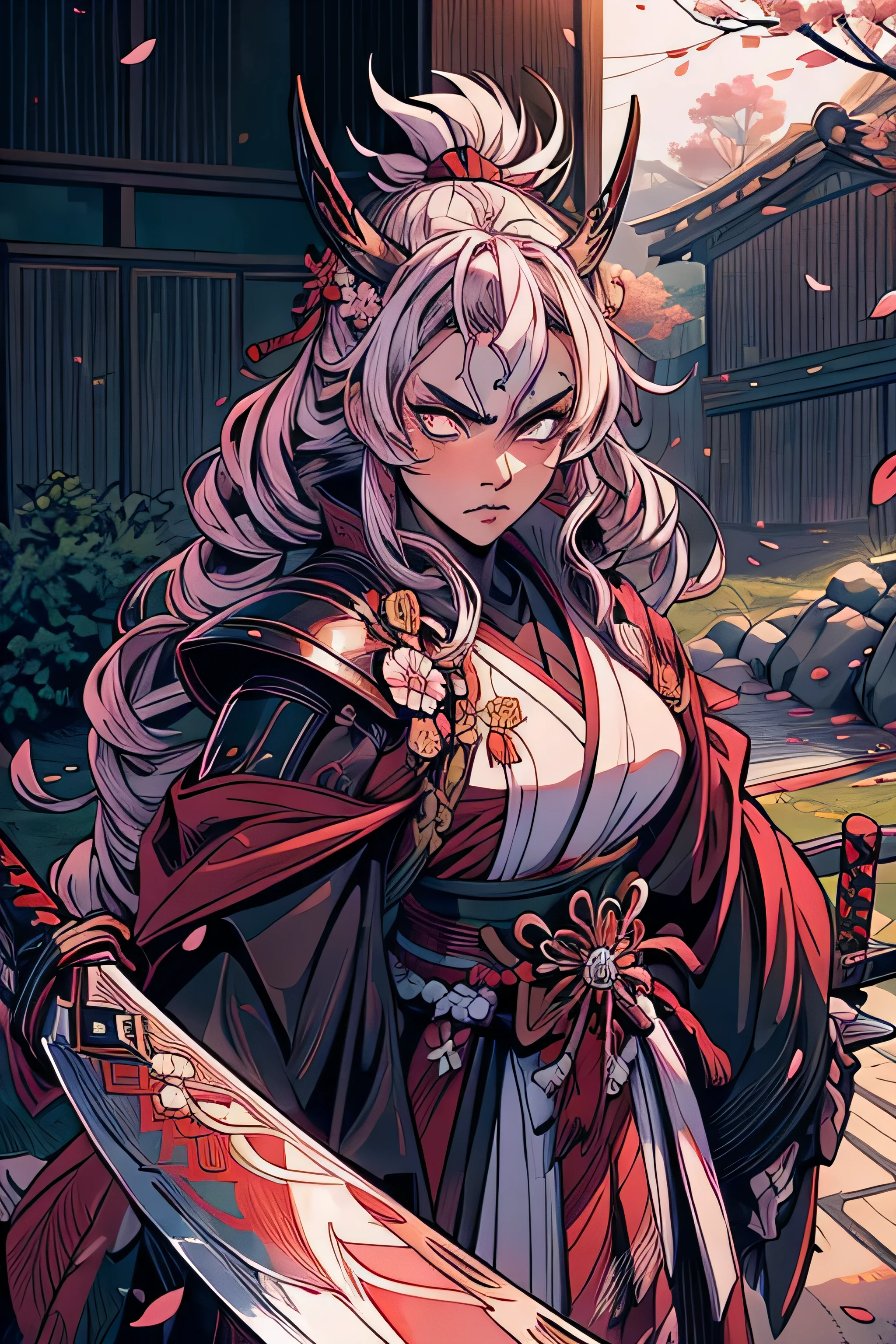 mulher samurai, cabelo branco longo, face of fury, looking directly at the camera, paleta de cores rosa, flores cerejeira, cherry petals, segurando katana, full samurai armor.
