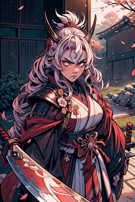 mulher samurai, cabelo branco longo, face of fury, looking directly at the camera, paleta de cores rosa, flores cerejeira, cherr...