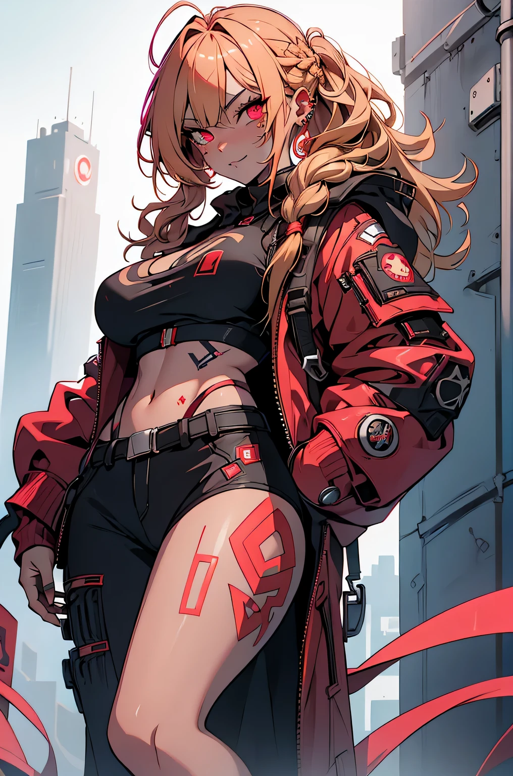 1girl, rebecca \(cyberpunk\), full body, solo, blonde braid hair, glowing red eyes,laugh fearlessly, leg tattoo, neck tattoo,  large chest, black bra, thong, red pupils, skin fang, red eyes, black jacket, carry a big hammer on your shoulder、dynamic angle、dynamic pose、