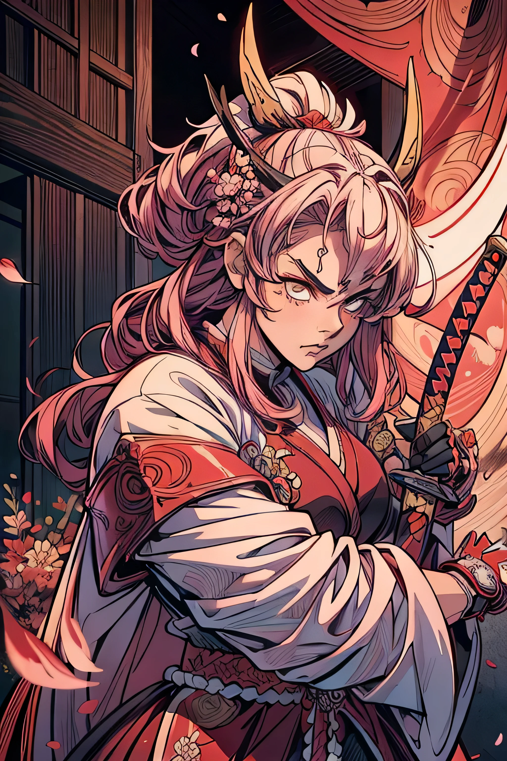 mulher samurai, cabelo branco longo, face of fury, looking directly at the camera, paleta de cores rosa, flores cerejeira, cherry petals, segurando katana, full samurai armor.