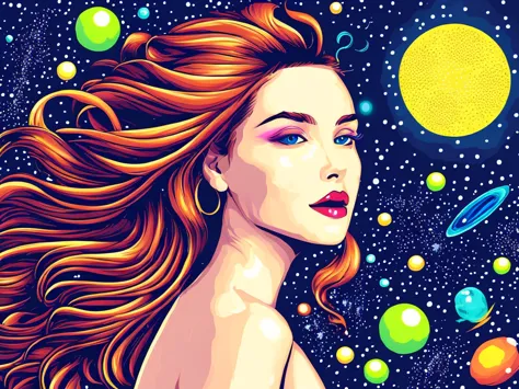 vector art,colorful universe,girl floating,star-filled background,cosmic landscape,happy expression,flowing hair,futuristic outf...