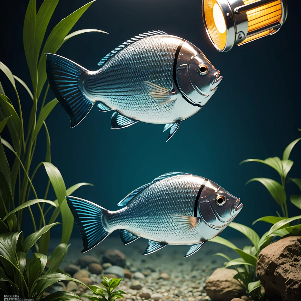 (best quality, highres:1.2), vector graphics, chrome Lantern Fish, detailed scales, vibrant colors, underwater scene, realistic lighting, glowing eyes, shimmering fins, underwater plants, colorful coral reef, depth of field, ocean depths, bio-luminescence