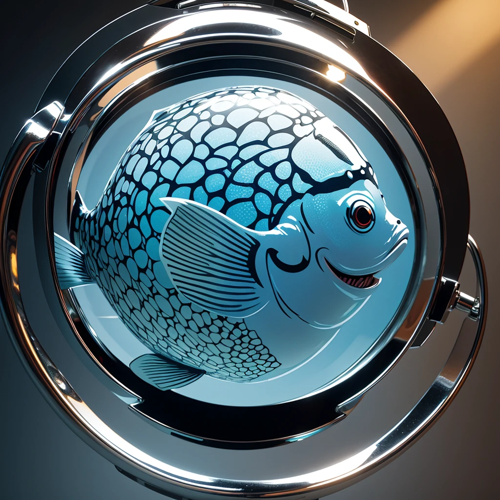 (best quality, highres:1.2), vector graphics, chrome Lantern Fish, detailed scales, vibrant colors, underwater scene, realistic lighting, glowing eyes, shimmering fins, underwater plants, colorful coral reef, depth of field, ocean depths, bio-luminescence